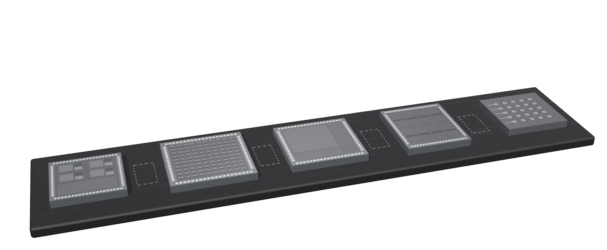 The same five chips on one shared substrate, with an empty dashed slot between each pair. Callouts name what differs between neighbors, from instruction sets and clocks to data formats and temperature.
